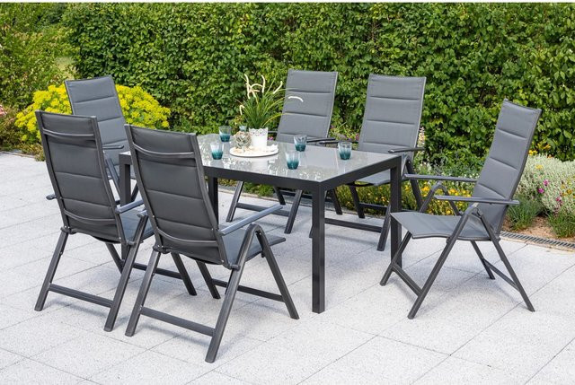 Merxx Taviano Gartenmöbel Set 7-teilig mit Tisch und 6 Klappsesseln in Anthrazit, Tisch B: 150 cm, T: 90 cm, H: 72 cm - Bild 1