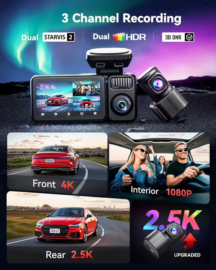 REDTIGER F17 Elite 4K Dashcam 3-Kanal-Autokamera mit WLAN, GPS, Vollfarb-Nachtsicht und Sprachsteuerung in Schwarz - Bild 2