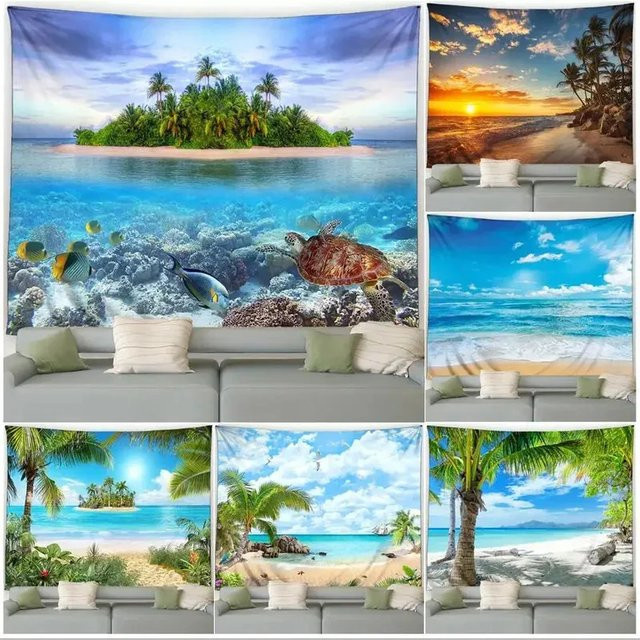 VIKAMA Wandteppich mit tropischer Strandlandschaft, Meeresschildkröte und Kokosnussbäumen, Mehrfarbig - Bild 1