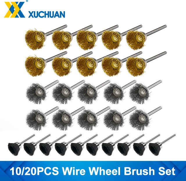 xcan Drahtbürsten Set aus Stahl, Messing und Nylon für die Metalloberflächenreinigung und Dremel Präzisionswerkzeuge, 10 oder 20 Stück - Bild 1