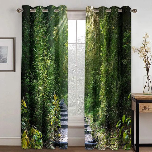 2er-Set Fenstervorhänge mit 3D Tropischer Wald Landschaft Design, Grün, Polyester, B: 50 cm, H: 60 cm pro Paneel - Bild 1