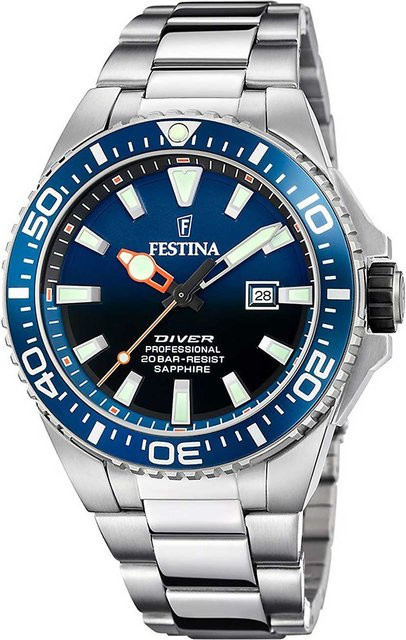 Festina Herrenuhr Professional Diver, Quarz, Edelstahl, 45 mm, Blau - Bild 1