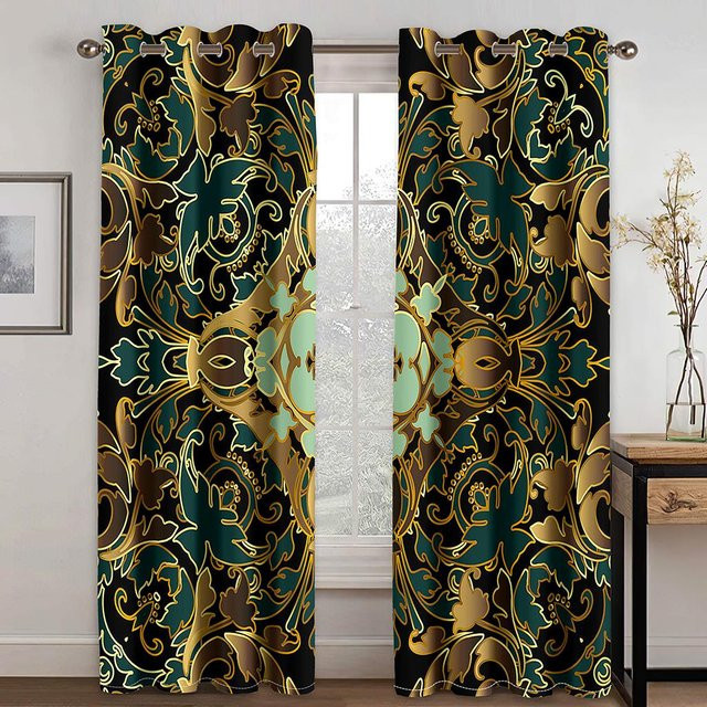 Yiran Furniture Barock Luxus Vorhang Set in Gold mit abstraktem Design, 2 Stück, halbtransparent, B: 50 cm, H: 130 cm - Bild 1