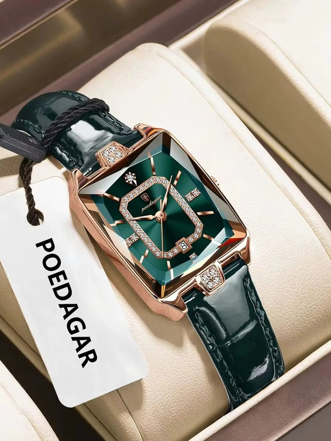POEDAGAR Armbanduhr, Quarz, Leder, Rechteckig, Grün, Roségold, Damen - Bild 7
