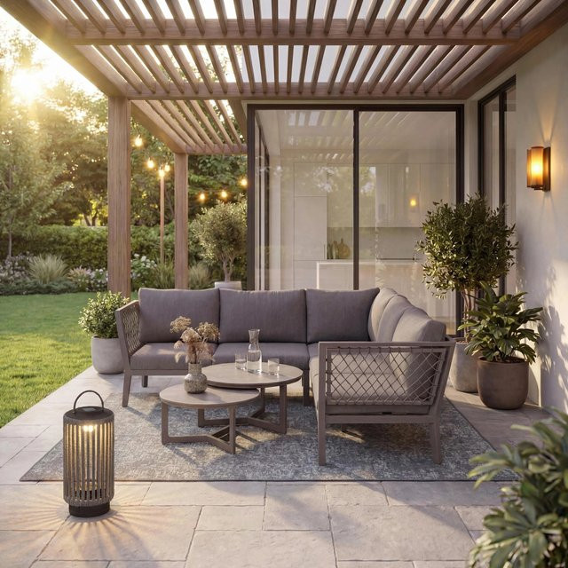 Bessagi Garden Loungegarnitur Malou L-Form in Grau mit Polstern, Outdoor-Sofa, Couchtisch und Abdeckung aus Aluminium und Outdoorstoff - Bild 1