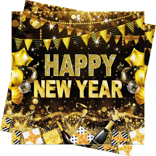 Schwarzgoldene Papierservietten Frohes Neues Jahr für deine Silvesterparty, 33 x 33 cm - Bild 1