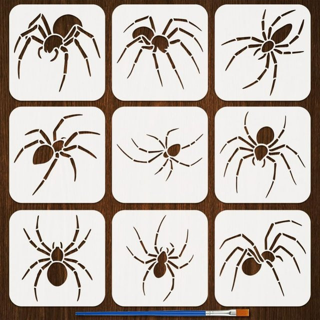 9 Stück Halloween Spinnen-Schablonen mit Kunststoffpinsel, 9 verschiedene Spinnen-Muster, Zeichnungsschablonen für Bastelarbeiten, B/B: 15 x 15 cm - Bild 1