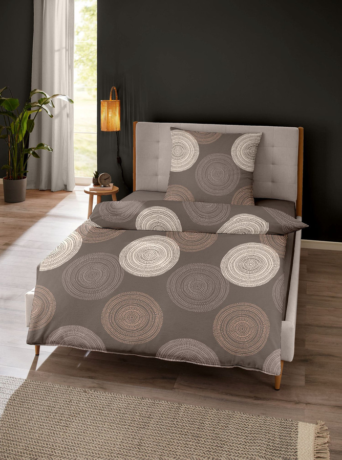 Dormisette Edel Biber Bettwäsche aus Baumwolle mit Punktmuster in Braun und Beige, B/H: 155 x 220 cm mit Kissenbezug 80 x 80 cm - Bild 1