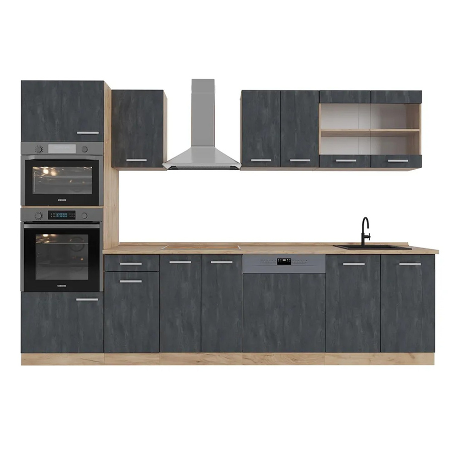Vicco R-Line Küchenzeile modern in Schwarz Beton und Eiche mit Goldakzenten, Breite: 300 cm - Bild 3