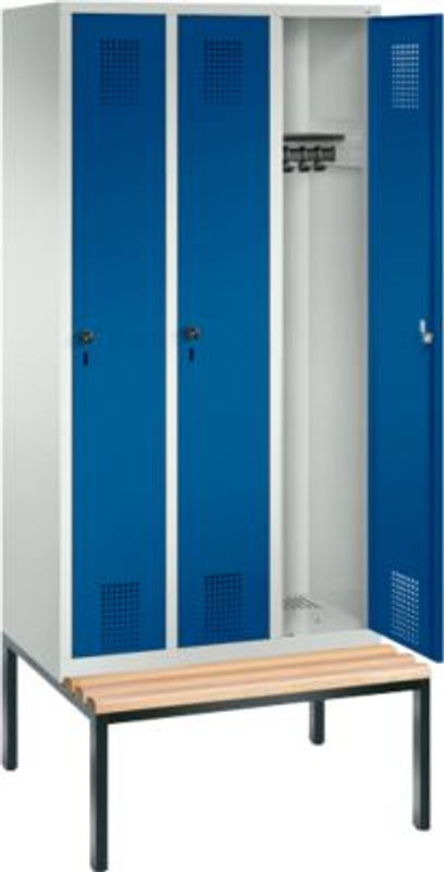 C + P Garderobenspind Evolo S 3000 aus Stahl mit integrierter Sitzbank, 3 Abteile mit je Breite: 30 cm, Sicherheitsdrehriegelverschluss, Lichtgrau RAL 7035 und Enzianblau RAL 5010 - Bild 3