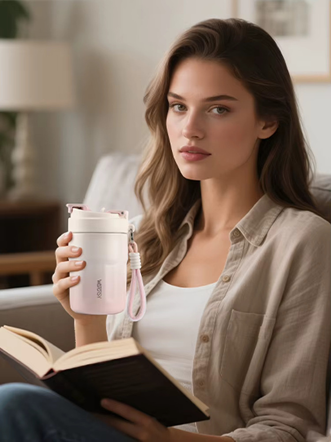 WATERSY Kaffeebecher aus Edelstahl mit Strohhalmdeckel, doppelwandig isoliert, Grün, 400 ml oder 550 ml - Bild 4