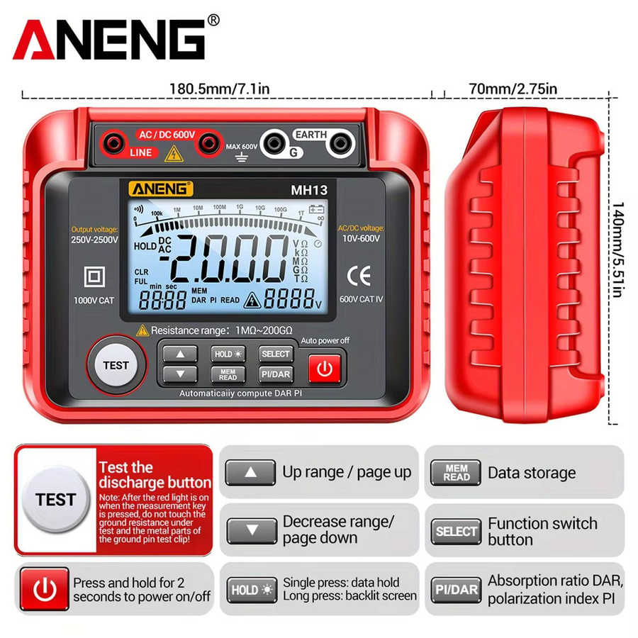 ANENG MH13 Digitaler Isolationswiderstandsmesser Megohmmeter und Spannungsprüfer in Rot - Bild 6