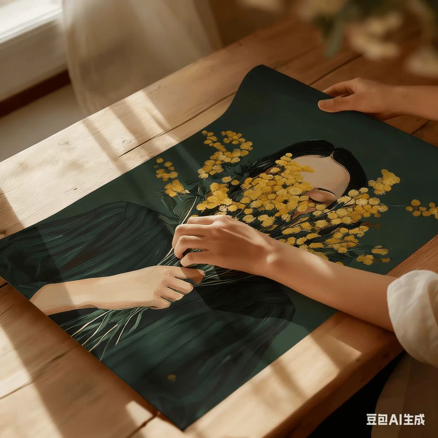 Minimalistischer Wandkunstdruck von SHENCHEN mit Porträt einer Frau und Mimosa-Blumen in Smaragdgrün - Bild 4