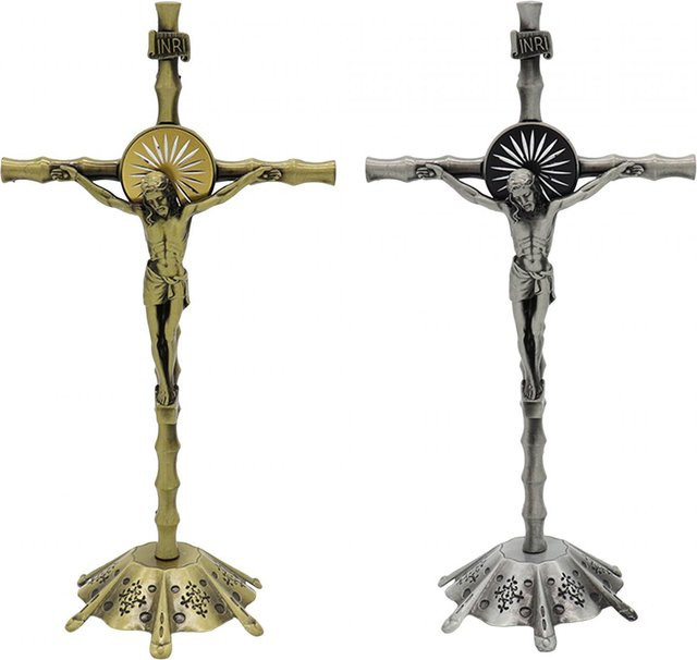 Kesoto Kruzifix aus Metall als stehende Skulptur mit Basis in Retro Argent - Bild 1