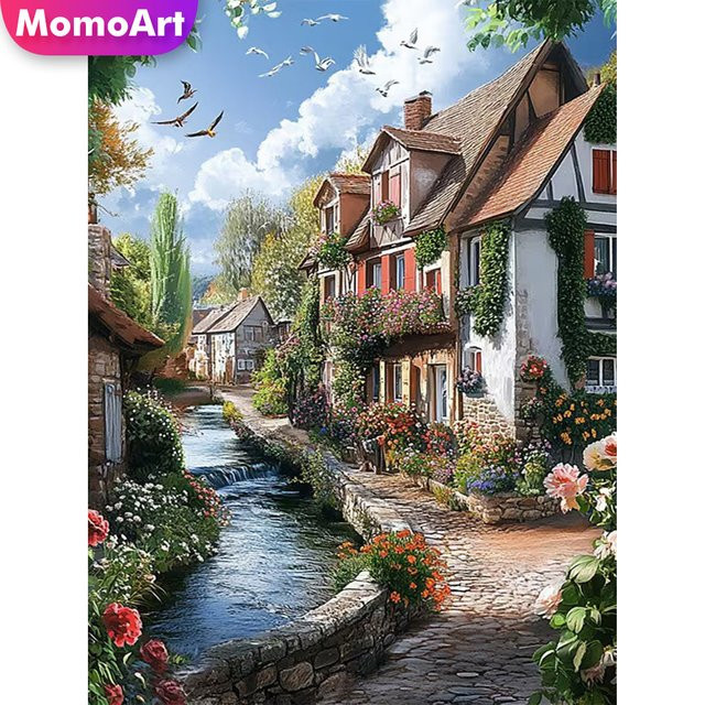 Momoart Diamantmalerei Set Haus-Landschaftsmuster mit Fluss-Motiv für Erwachsene und Anfänger, Mehrfarbig, B/H: 30 x 20 cm - Bild 1