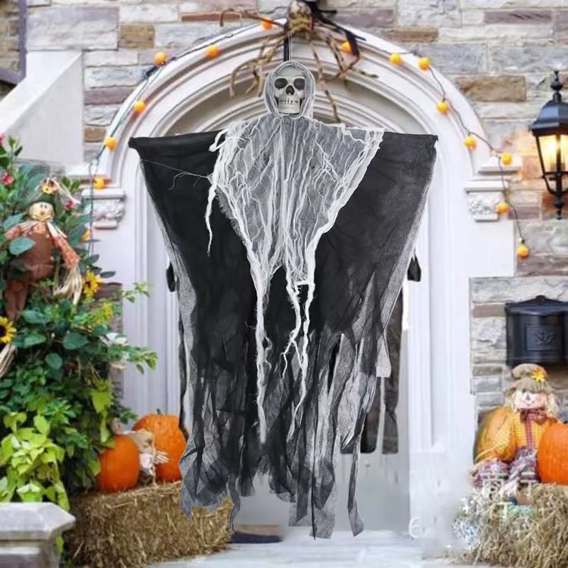 joy-enlife Halloween Dekoration Hängende Schädel Skelett und Geist Ornamente aus Textil in Schwarz - Bild 2