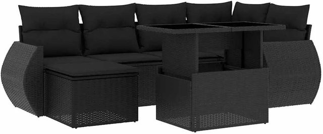 vidaXL 7-teilige Garten-Sofagarnitur in L-Form aus Poly-Rattan mit Kissen in Schwarz - Bild 1