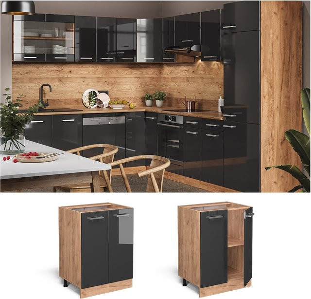 Vicco Küchenunterschrank R-Line Anthrazit Hochglanz mit Goldkraft-Elementen Breite: 60 cm, Höhe: 81,6 cm, Tiefe: 46 cm - Bild 1