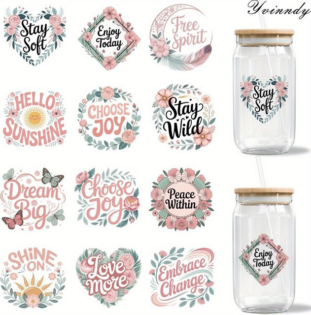 12er Set DIY UV-DTF-Transferpapier mit positiven Energiezitaten in Multicolour zum Dekorieren von Tassen und Flaschen - Bild 1