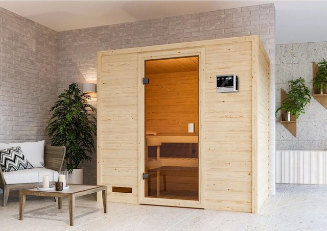 Woodfeeling Massivholzsauna Selena aus Fichte mit 9 kW Ofen, externem Steuergerät und bronzierter Glastür, Farbe Natur/Bronze/Braun, B/T/H: 195 x 145 x 187 cm - Bild 1