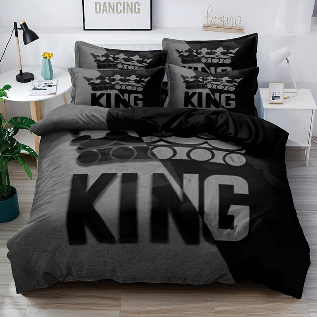 Bettwäsche-Set Binchi Outdoor Product mit King-Muster in Grau und Schwarz, bestehend aus Bettbezug und Kissenbezug aus Mikrofaser, B/H: 140 x 210 cm - Bild 1