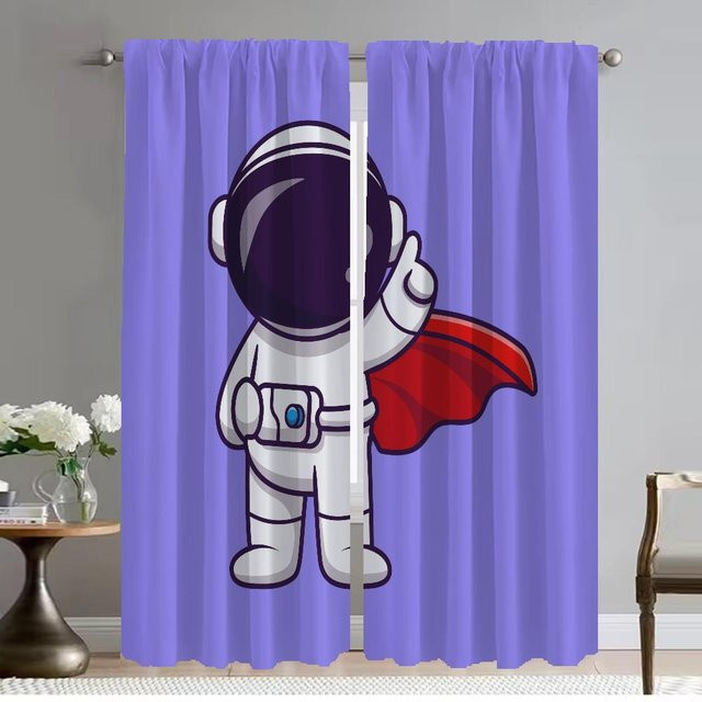 Astronauten-Cartoon Verdunkelungsvorhänge für Wohnzimmer und Schlafzimmer, 2er-Set aus Stoff, Farbe: Lila, Breite: 50 cm, Höhe: 70 cm - Bild 1
