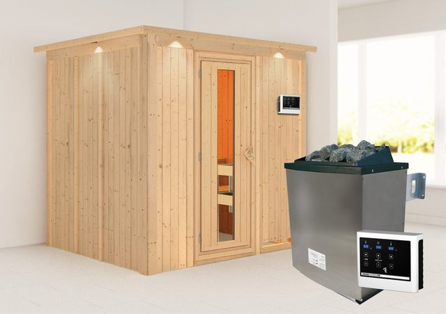 Karibu Sauna Stina aus Fichte mit 9 kW Ofen, Dachkranz und Energiespartür, B/T/H: 196 x 170 x 198 cm - Bild 1