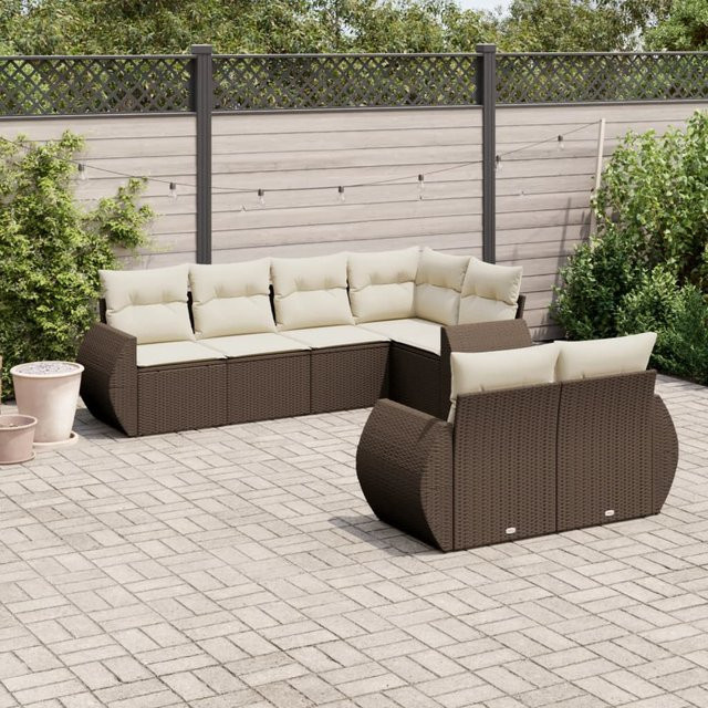 vidaXL 7-tlg. Garten-Sofagarnitur in L-Form aus Polyrattan in Braun mit Kissen und pulverbeschichtetem Stahlgestell - Bild 2