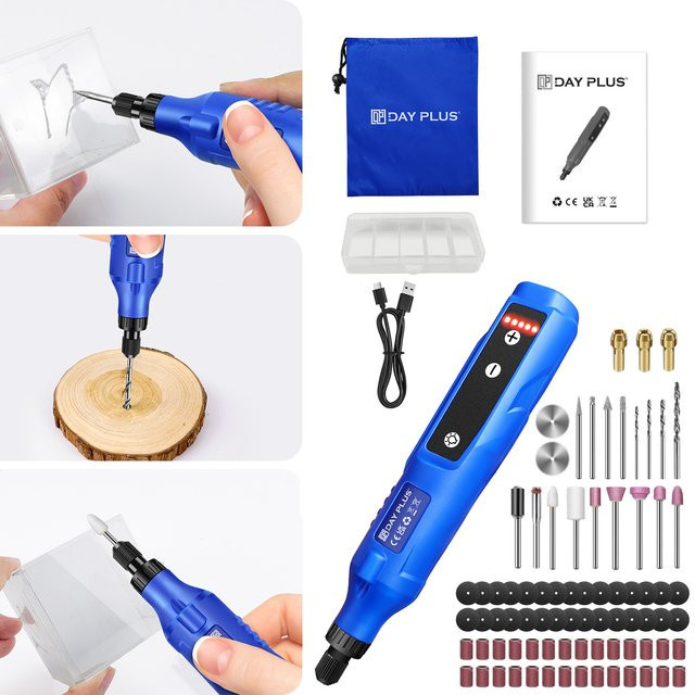 DayPlus Kabelloses Rotationswerkzeug-Set in Blau mit 80-teiligem Zubehör, 1,5 Ah Akku, 5 Geschwindigkeiten und LED-Licht für Gravieren und Polieren - Bild 1