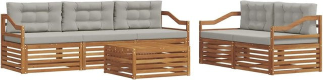 vidaXL Outdoor-Sofagarnitur 6-teilig aus Akazienholz mit Kissen in Natur und Grau - Bild 1