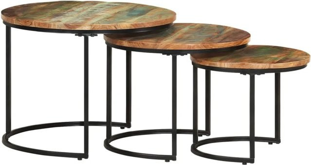 vidaXL Satztische Set aus 3 Stück aus Altholz Massivholz in Braun und Multicolour mit runden Tischplatten - Bild 1