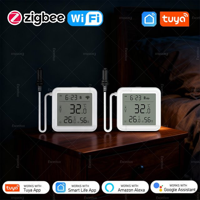 Tuya Smart WiFi/Zigbee Temperatur und Feuchtigkeit Sensor mit externer Sonde und LCD Display in Weiß für Smart Life Alexa und Google Home - Bild 1