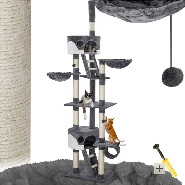tectake Kratzbaum Hansi in Grau-Weiß mit 2 Katzenhäusern, 2 Treppen und integriertem Spielzeug, B/T/H: 60 x 45 x 243-260 cm - Bild 1