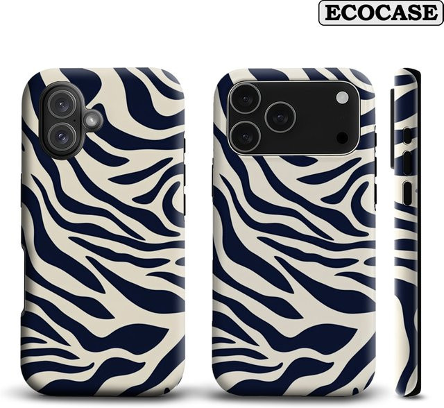 Handyhülle mit Navy & Cream Zebra Stripe Design für Apple iPhone 17 16 15 14 13 Pro Max Plus mit doppelschichtiger Rückseite in Blau und Weiß - Bild 1