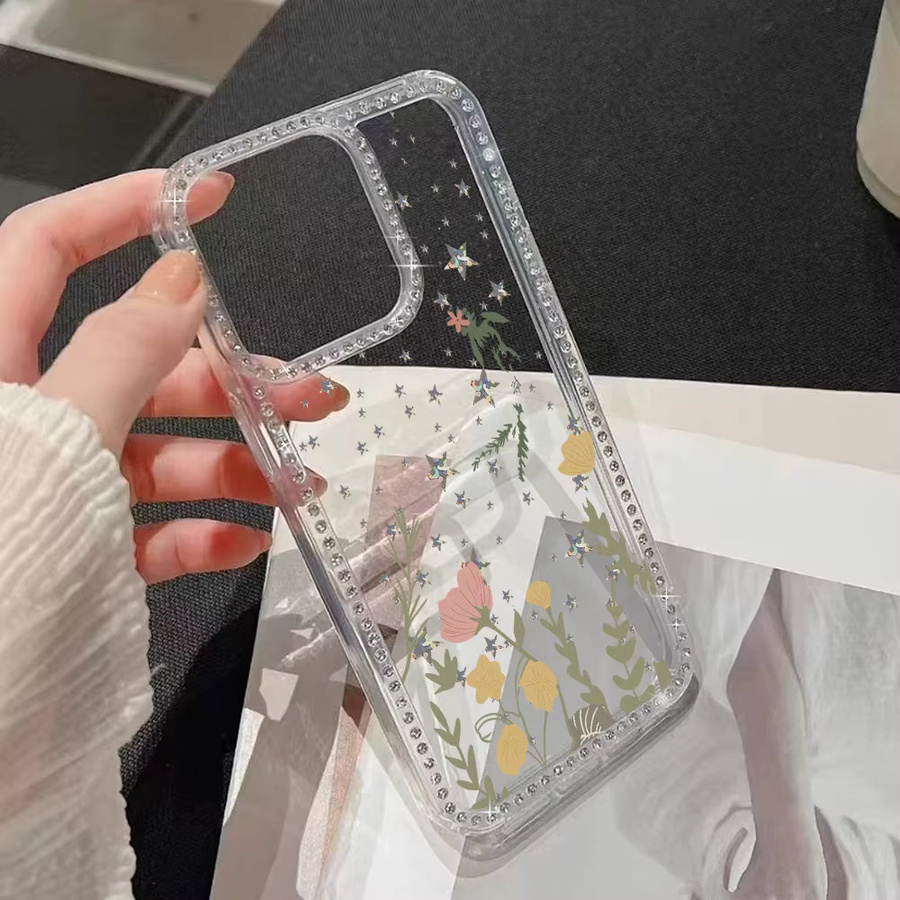 Caynes Stoßfeste Handyhülle mit glitzernden Diamant-Blumen für iPhone und iPad, transparent - Bild 4