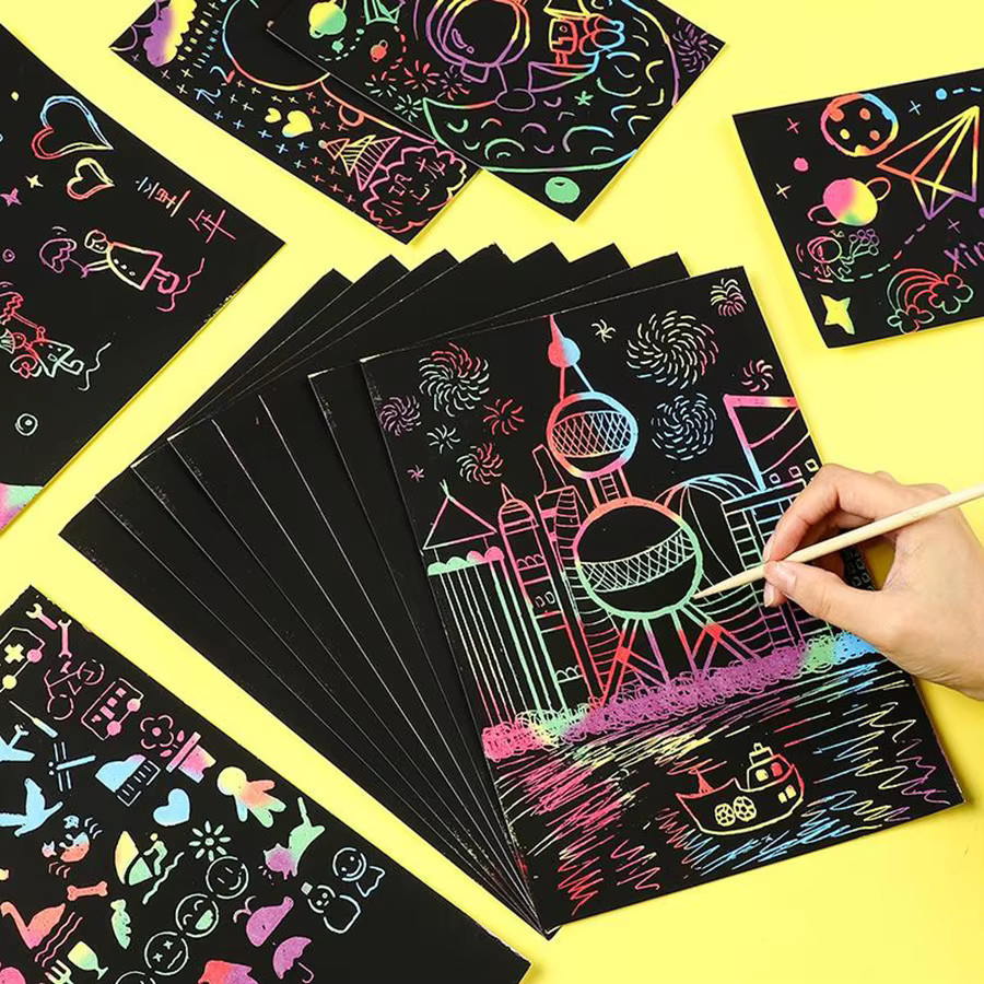 40 Stück Schwarzes Kratzpapier Set mit Bambusstäbchen für kreative DIY Kunstmalerei in Bunt und Schwarz - Bild 2