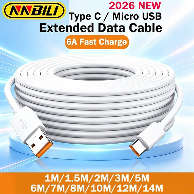 NNBILI USB-C und Micro-USB Ladekabel in Weiß, extra lang von 1m bis 14m, universell für Android-Smartphones, PS4/5, Kameras und VR-Brillen - Bild 1