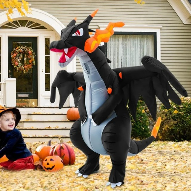 Hangchen Family Aufblasbares Halloween-Dinosaurier-Kostüm, feuerspeiender Drache, Schwarz - Bild 1