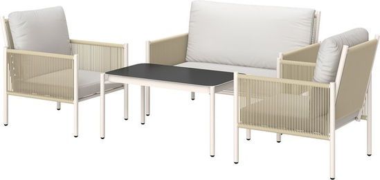 Outsunny Gartenmöbel-Set aus Polyrattan mit Kissen und Glastisch, modern, Braun/Grau/Weiß, B/H/L: 68 x 82 x 116 cm, Aosom - Bild 1