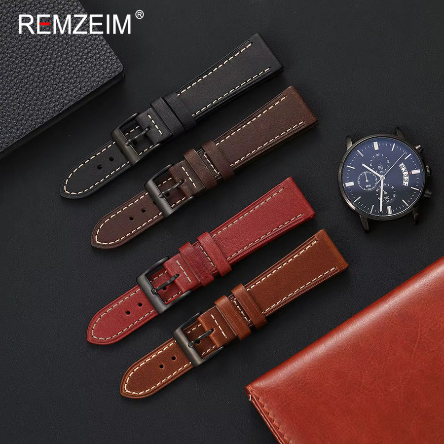 REMZEIM Uhrenarmband Ölwachsleder, Kalbsleder, Schwarz, Unisex - Bild 1