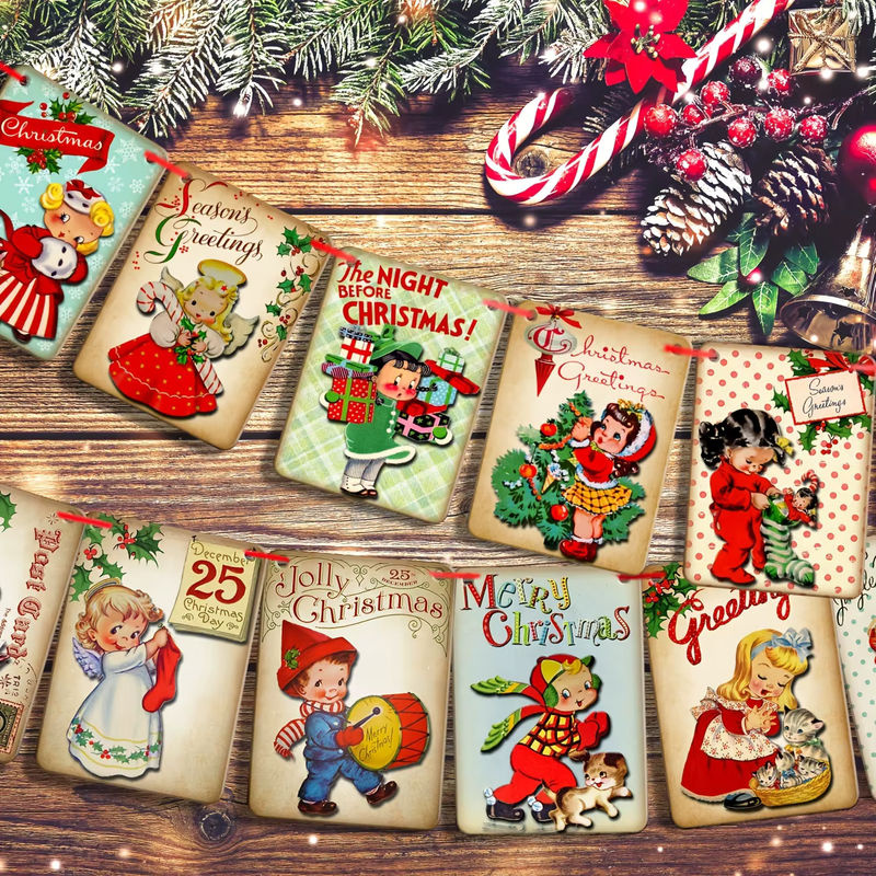 15er Set Vintage Weihnachten Banner Girlande aus Papier in Mehrfarbig für deine Weihnachtsdekoration - Bild 2