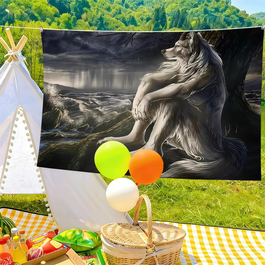 Emo White Wolf Sitting Meme Flagge von Warner Bros. in Weiß als Wandkunst und Dekoration für Innenbereich und Outdoor - Bild 3