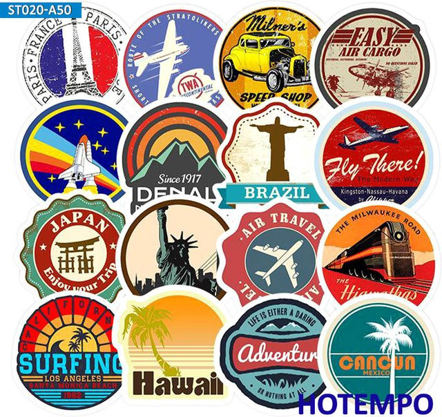 50 Stück Reiseaufkleber Binchi Outdoor Product Retro Stadtansicht Sticker in Blau und Multicolour für Handy, Laptop und Gepäck - Bild 1