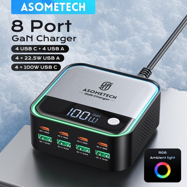 ASOMETECH 8-Port GaN USB C Schnellladegerät mit LED-Anzeige, 100 W PD Ladestation in Schwarz für iPhone 15, Samsung und MacBook - Bild 1