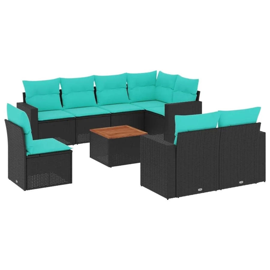 vidaXL 9-teilige Garten-Sofagarnitur aus Poly-Rattan und Akazienholz mit Kissen in Schwarz-Blau - Bild 2