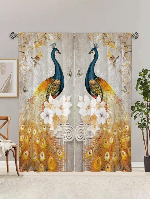 Yiran Furniture Dekorative Fenstervorhänge mit Pfau-Print, 2er-Set, Multicolor, B: 50 cm, H: 130 cm - Bild 1