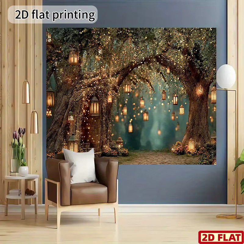 Psychedelisches Wald-Lichterkettenbanner aus Stoff mit magischem Baum-Motiv, Laternen und Blumen in Multicolor im Boho-Stil - Bild 3