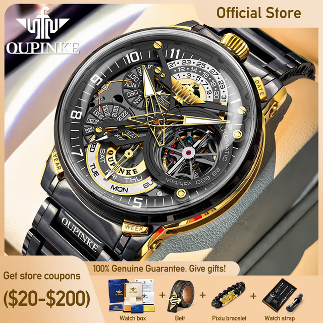 OUPINKE Herren Armbanduhr, Automatik, Edelstahl, Schwarz, Gold - Bild 1