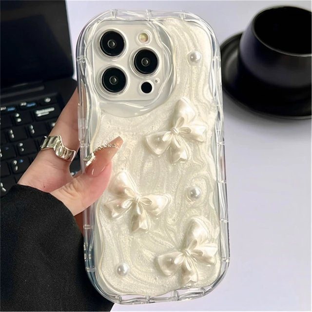 DTLeaf Handyhülle mit 3D-Schleifen und Perlen für iPhone 11 bis iPhone 16 Pro Max, Stoßfestes Softcover, Weiß - Bild 1