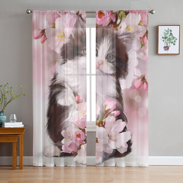 Transparente Tüll-Vorhänge mit rosa Blumenmuster für Wohnzimmer und Küche, Farbe: Rosa und Transparent, Breite: 135 cm, Höhe: 137 cm - Bild 1